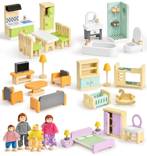 Puppenhaus Möbel Holz Set, 36 Teilige Möbel mit 4 Familienpuppen, Puppen Zubehör Spielzeug für Jungen, Mädchen und Kleinkinder 3+ Jahren (Farbe) von Atoylink