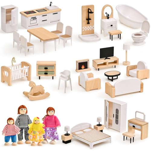 Puppenhaus Möbel Holz Set, 36 Teilige Möbel mit 4 Familienpuppen, Puppen Zubehör Spielzeug für Jungen, Mädchen und Kleinkinder 3+ Jahren (Weiß) von Atoylink
