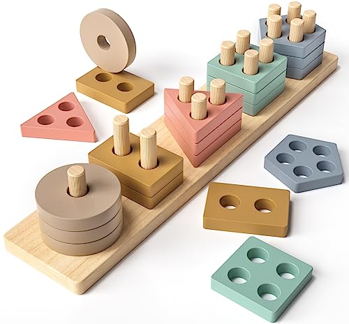 Steckspiel Montessori Spielzeug ab 1 2 3 Jahre Holz Formensortierspiel & Stapeln Spielzeug Motorikspielzeug Holzspielzeug Wooden Stacking Toy Lernspielzeug Geschenk für Baby Mädchen Jungen von Atoylink