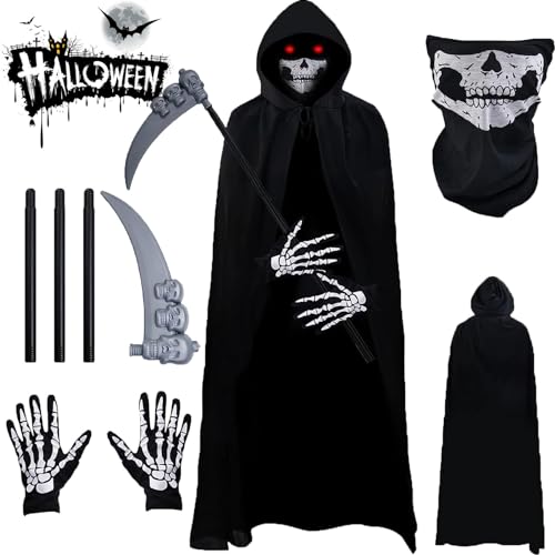 Atsmoce® Sensenmann Kostüm, Halloween Umhang mit Sense, Schädelmaske, Handschuhen, Halloween Kostüm für Erwachsene, Todesumhang für Halloween Party Dekoration Cosplay-Unisex von Atsmoce