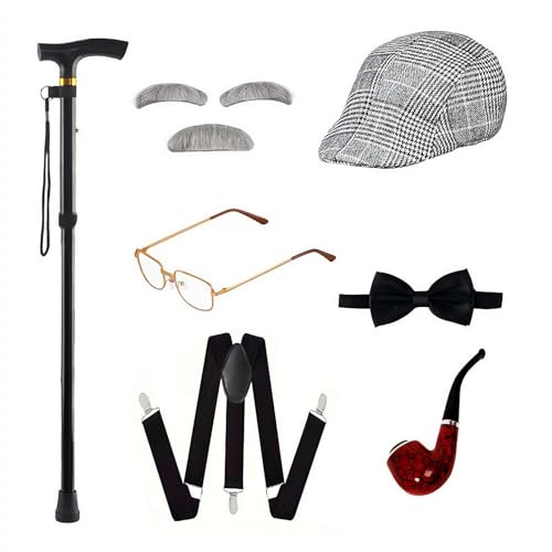 Atthatmmt Kostüm für alten Mann, Opa-Zubehör, 100 Schultage für Jungen, 100. Schultag, 1920er-Jahre-Kostüm-Zubehör, mit Uhr, Brille, Fliege, Augenbrauen und Schnurrbart Atthatmmt Kostüm für alten Mann, Opa-Zubehör, 100 Schultage für Jungen, 100. Schultag, 1920er-Jahre-Kostüm-Zubehör, mit Uhr, Brille, Fliege, Augenbrauen und Schnurrbart von Atthatmmt
