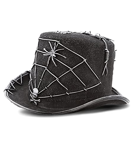 Attitude Studio Spider Skull Kostüm Zylinder Zubehör - Schwarzer Steampunk Cosplay Hut mit Totenkopf, Spinne und Stacheldraht Design, perfekter Hut für Halloween, Kostümpartys und von Attitude Studio