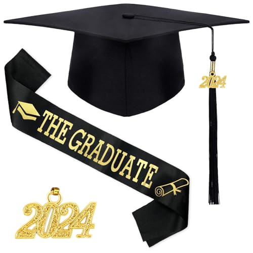 Atuoxing Bachelor Geschenk, Abschluss Hut 2024 Anhänger Quaste mit Schärpe Schwarz, Unisex Verstellbar, Bachelor Hut für Abschlussfeiern vom Studium, Abitur, Hochschule, Universität von Atuoxing
