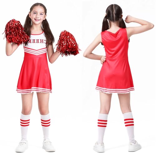 Atuoxing Cheerleader Kostüm Kinder, Cheerleadering Outfit Mädchen, Cheerleader-Kostüm, Kinder Cheer Outfit mit Pompoms Socken, für Karneval Halloween, Fasching, Mottoparty (130) von Atuoxing