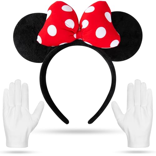 Atuoxing Minnie Mouse Kostüm Damen, Rote Schleife und Weiße Gepunktete Mickey Mouse Ohren, Schwarzes Mickey Mouse Damen Stirnband Minnie Mouse von Atuoxing