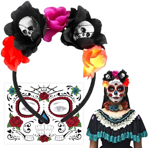 Atuoxing Halloween Rosen Totenkopf Haarreif, Dia de Los Muertos Kostüm Accessoires, Halloween Haarschmuck mit Gesicht Tattoos Tag der Toten Kostüm für Damen Atuoxing Halloween Rosen Totenkopf Haarreif, Dia de Los Muertos Kostüm Accessoires, Halloween Haarschmuck mit Gesicht Tattoos Tag der Toten Kostüm für Damen von Atuoxing