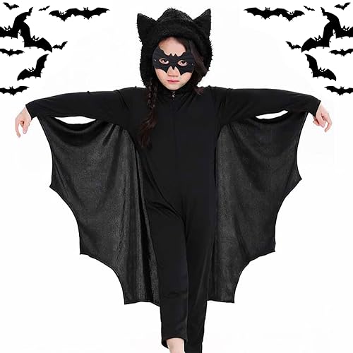 Atuoxing Halloween Fledermaus Kostüm Kinder, Fledermauskostüm Vampir Kostüm für Mädchen Junge, Fledermaus Overall Umhang für Halloween Karneval Fasching Cosplay (XL) von Atuoxing
