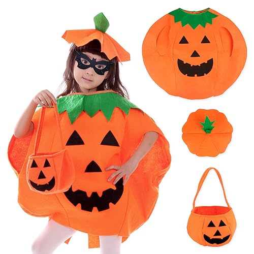 Atuoxing Halloween Kürbis Kostüm für Kinder Erwachsene Kürbiskostüm Halloween mit Kürbiskorb und Hut für Halloween Karneval Cosplay (kinder) von Atuoxing