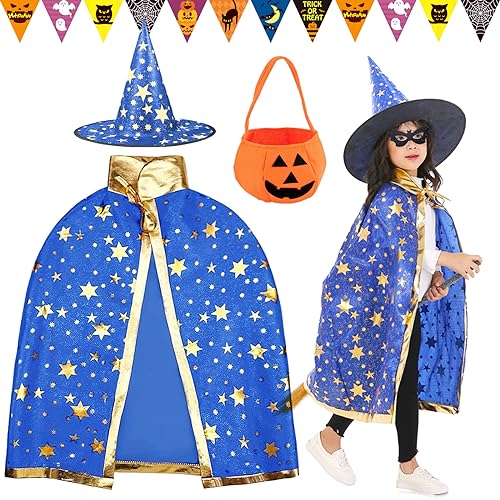 Atuoxing Halloween Zauberer Kostüm Kinder Halloween Kostüm mit Hut Wizard Cape Witch Umhang für Kinder Junge Mädchen Cosplay party (Blau) von Atuoxing
