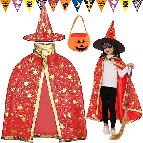 Atuoxing Halloween Zauberer Kostüm Kinder Halloween Kostüm mit Hut Wizard Cape Witch Umhang für Kinder Junge Mädchen Cosplay party (Rot) von Atuoxing