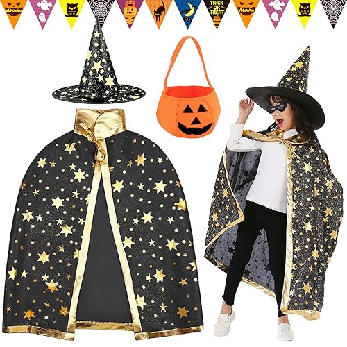 Atuoxing Halloween Zauberer Kostüm Kinder Halloween Kostüm mit Hut Wizard Cape Witch Umhang für Kinder Junge Mädchen Cosplay party (Schwarz) von Atuoxing