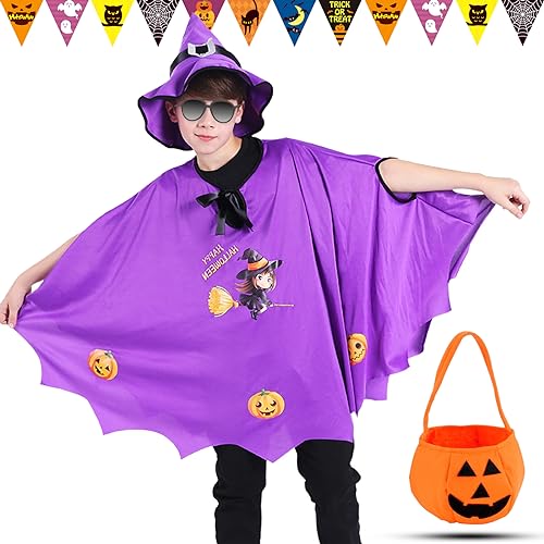 Atuoxing Halloween Kostüm Kinder, Fledermaus Umhang mit Hut für Mädchen Jungen, Kürbis Candy Bag, Kinder Hexenkostüm für Halloween Karneval Cosplay (Lila) von Atuoxing