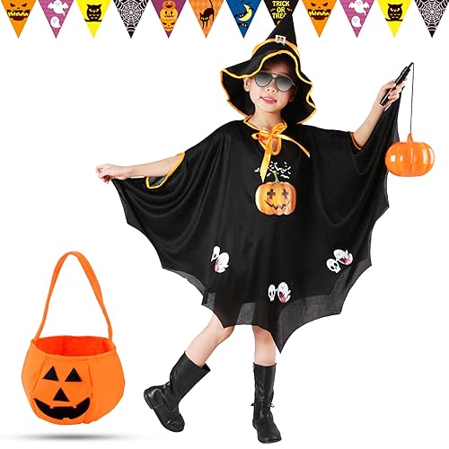 Atuoxing Halloween Kostüm Kinder, Fledermaus Umhang mit Hut für Mädchen Jungen, Kürbis Candy Bag, Kinder Hexenkostüm für Halloween Karneval Cosplay (Schwarz) von Atuoxing