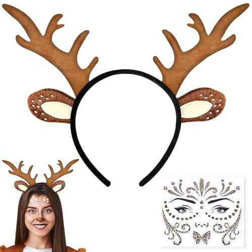 Atuoxing Karneval Kostüm Damen Mädchen, Haarreif Reh Geweih Hörner Rehohren + Reh Gesichtstattoo für Fasching Mottoparty Cosplay Halloween Atuoxing Karneval Kostüm Damen Mädchen, Haarreif Reh Geweih Hörner Rehohren + Reh Gesichtstattoo für Fasching Mottoparty Cosplay Halloween von Atuoxing