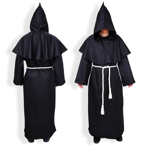 Atuoxing Robe Mönch Kostüm Priester Karneval Kostüm Herren Karnevalskostüme Priest Mönch Kostüm mit Kapuze Kordel Faschingskostüme Cosplay Atuoxing Robe Mönch Kostüm Priester Karneval Kostüm Herren Karnevalskostüme Priest Mönch Kostüm mit Kapuze Kordel Faschingskostüme Cosplay von Atuoxing