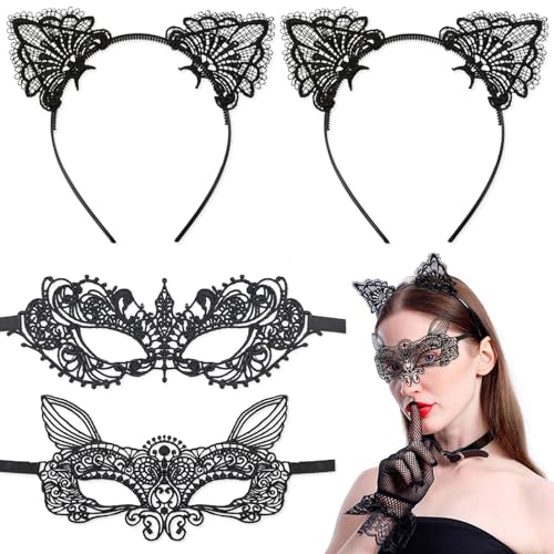 Atuoxing Venezianische Maske Damen, 4 Stück Maskenball Masken mit Katzenohren Stirnband, Catwoman Kostüm Damen, Spitzenmaske Set für Karneval Fasching Cosplay von Atuoxing