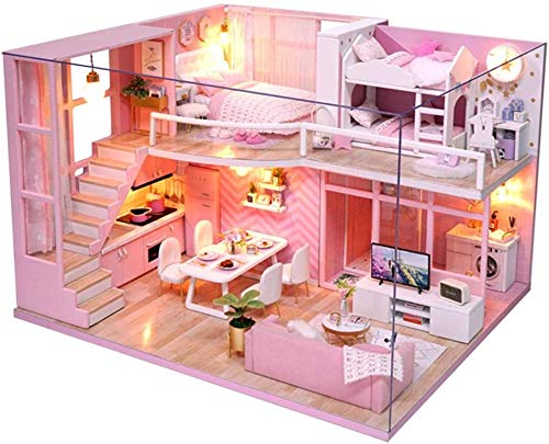 DIY Puppenhaus Kit, Miniatur 3D Pink Girl Holz Loft Montage Puppenhaus mit LED-Licht für Kinder Jungen Mädchen Home Decor Geburtstag WeihnachtsgeschenkHäuser von Atyhao