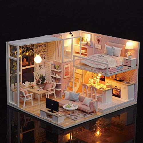 Puppenhaus Miniatur DIY Kit, Holz 1:24 Miniatur Puppenhaus LED Lichtmöbel Puppenhaus Kit DIY Haus Montage Transparente Abdeckung Puppenhaus von Atyhao