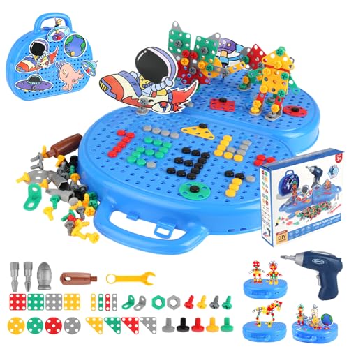 Aubess Magische Montessori Spielzeugkiste mit Bohrmaschine, 210 Stück Magic Montessori Play Toolbox, 3D Puzzle Mosaik Werkzeugkoffer Kinder, Mosaik Steckspiel Spielzeug für Kinder Junge Mädchen von Aubess