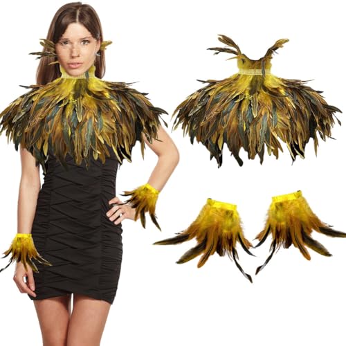 Aublinto Federkragen Kostüm Damen mit Feder Manschetten Federumhang Kostüm Damen Gothic Federrock Pfau Kostüm für Halloween Karneval Maskerade Cosplay Kostüme von Aublinto