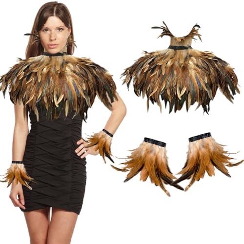 Aublinto Federkragen Kostüm Damen mit Feder Manschetten Federumhang Kostüm Damen Gothic Federrock Pfau Kostüm für Halloween Karneval Maskerade Cosplay Kostüme von Aublinto