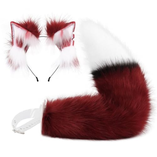 Aublinto Ohren Schwanz Kostüm Plüsch Katzenohr Cosplay Plüsch Schwanz Halloween Fox Wolf Tails Anziehset für Cosplay-Partys, Halloween, Cocktail-Partys, Bälle, Tänze von Aublinto