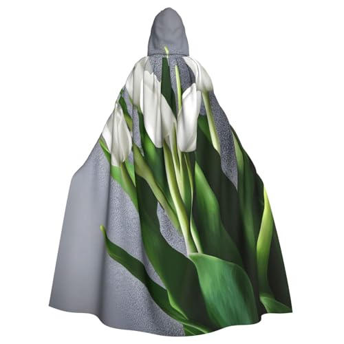 Aubnva Umhang mit weißen Tulpen und Blumen, leicht, atmungsaktiv, Unisex, für Halloween, Cosplay, volle Länge, mit Kapuze von Aubnva