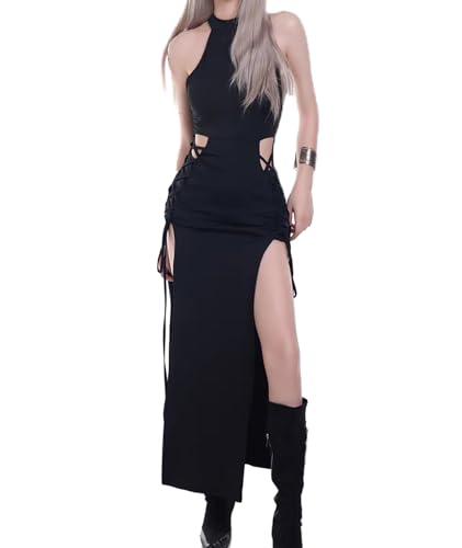 Aucute Damen High Split Mock Neck Goth Kleid, Aushöhlen Seite Crisscross Ärmellos Bodycon Rave Party Festival Outfits Schwarz, S Aucute Damen High Split Mock Neck Goth Kleid, Aushöhlen Seite Crisscross Ärmellos Bodycon Rave Party Festival Outfits Schwarz, S von Aucute