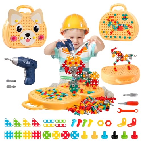 Audasi 204 Stück Steckspiel Montessori Spielzeug mit Bohrmaschine Werkzeugkoffer Kinder Montessori Spielzeug Werkzeugkoffer Kinder 3D Puzzle Mosaik Werkzeugkoffer Kinder Spiele für Die Kinder (Gelb) von Audasi
