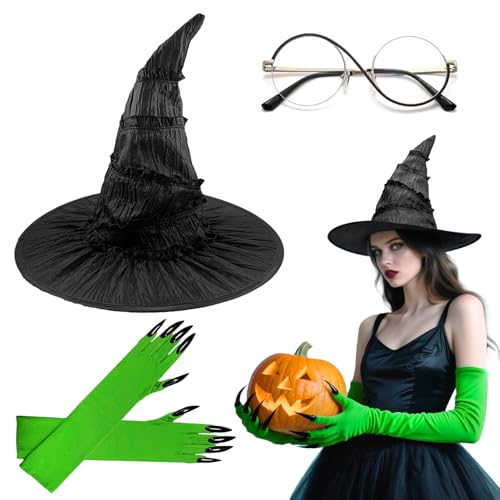 Audasi 3 Pcs Hexe Kostüm Zubehör, Elphaba Kostüm Zubehör Hexen Hut Elphaba Brillen Grüne Handschuhe Mit Krallen Cosplay Dress Up für Halloween Karneval Erwachsene Kinder von Audasi
