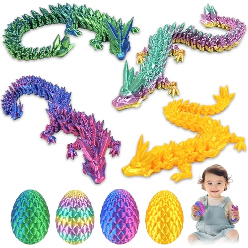 Audasi 3D Gedrucktes Drachenei mit Drache, 4Pcs Vollständig beweglicher Kristalldrache mit Osterei Drachen Spielzeug Action Figuren Überraschungsdrache Im Ei für Geschenke Beweglicher Dragon Egg von Audasi
