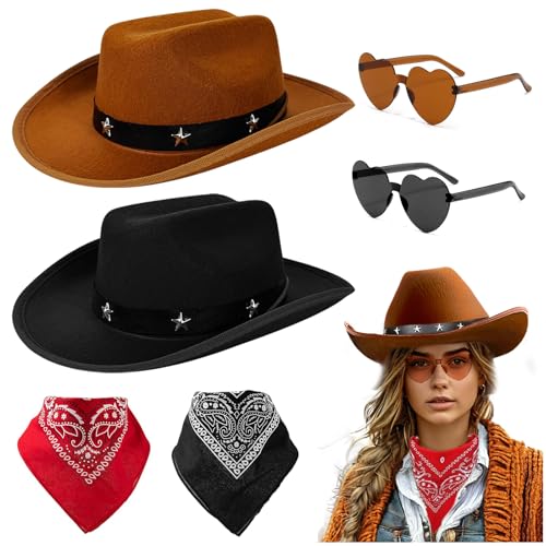 Audasi Cowboy Fancy Dress Zubehör Set, 6 Pack schwarze und braune Sterne-studded Cowboy Hüte Sonnenbrille mit roten & schwarzen Bandanas Western Fancy Dress-up für Cosplay Halloween Party von Audasi