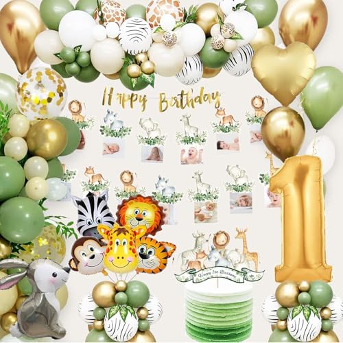 1 Geburtstag Junge Mädchen, Dschungel Geburtstagsdeko 1 Jahr Junge Mädchen mit Fotobanner, Jungle Balloon, Safari Deko 1. geburtstag Junge Mädchen Deko Wild One Geburtstag Deko von Auezona