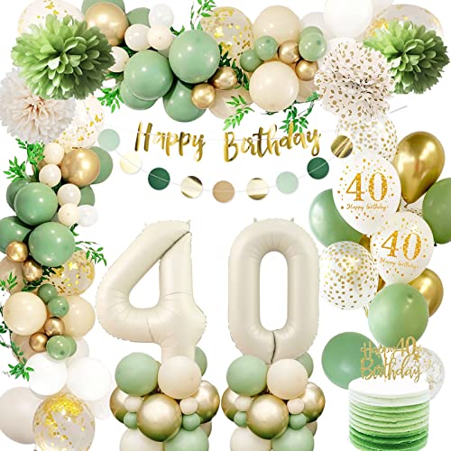 40 Geburtstag Deko Frauen,Geburtstagsdeko 40 Männer,40 Geburtstag Luftballon Grün Gold mit Happy Birthday Banner,Pompoms für Frau Mann Luftballon40 von Auezona