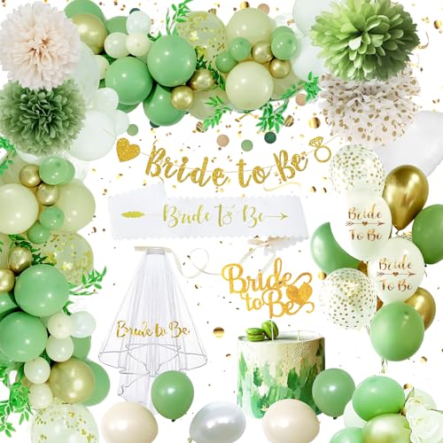 Auezona Bride to Be Deko Grün, Jga Deko Frauen, Junggesellenabschied Frauen Accessoires, Jga Accessoires Frauen with Grün Ballons Papierblumen Banner Schärpe Girlande Schleier Tortenstecker von Auezona