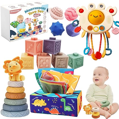 Montessori ab 1 Jahr, 5 in 1 Baby Spielzeug ab 6 9 12 Monate, Krabbe Babyspielzeug, Tissue Box, Stapelspielzeug, Quetsch Bälle, Beißring, Geschenk für Junge Mädchen von Auezona