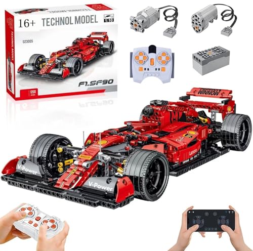 Technik F1 Auto für Farrari SF90, Mit Motoren Set, 1:10 Groß Formel 1 Automodell Bausatz, 1200 Teile MOC Klemmbausteine Auto Bausatz von Auforua