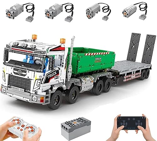 Technik LKW mit Anhänger, Mit Power Functions Set, 2950 Teile Klemmbausteine Technik Kipper LKW mit Tieflader Groß MOC Set von Auforua