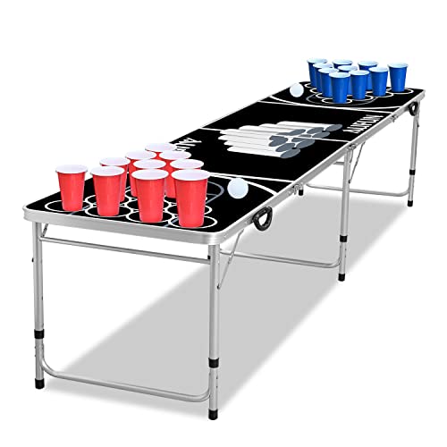 AufuN Beer Pong Tisch Set für Erwachsene, inkl. 6 Bälle & 100 Becher, Premium Höhenverstellbar Bierpong-Tisch Klappbar aus Aluminium und MDF, Classic Party Spiel, Schwarz von AufuN