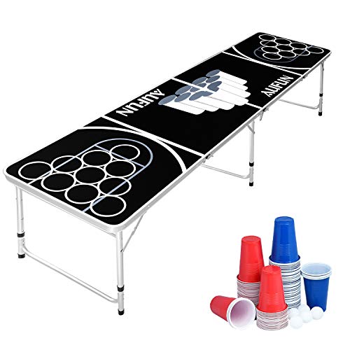 AufuN Beer Pong Tisch Set inkl. 100 Becher (50 Rot & 50 Blau), 5 Bälle, Premium Höhenverstellbar Bierpong-Tisch aus Aluminium und MDF, Classic Party Spiel, Schwarz von AufuN