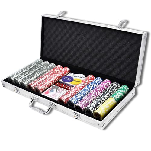 AufuN Pokerkoffer, Pokersets mit Aluminiumkoffer, 500 Laser-Pokerchips, professionelles Pokerspiel, inklusive 2 x Pokerdecks, 5 x Würfel, 3 x Dealer-Buttons (Silber) von AufuN