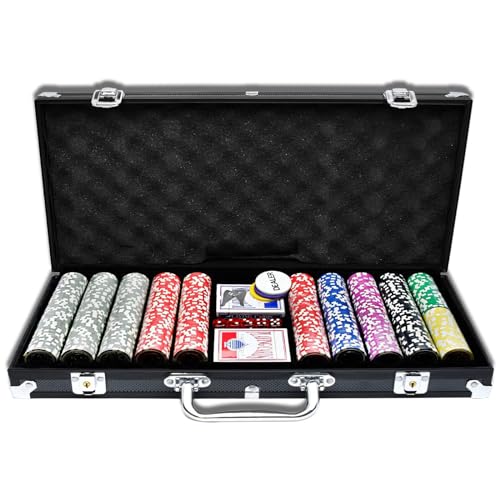 AufuN Pokerkoffer 500 Chips Laser Pokerchips 12 Gramm Metallkern, inkl. 2X Pokerdecks, 5X Würfel, Dealer Button, Big Blind, Little Blind, Poker-Set mit Schwarz Aluminium Gehäuse mit 2 Schlüssel von AufuN