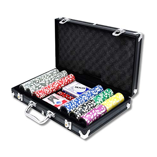 AufuN Pokerset mit 500 hochwertigen Chips Laser Pokerchips Poker inkl. 2X Pokerdecks, 5X Würfel, 1x Dealer Button, 2 Schlüssel, Aluminium-Gehäuse - Schwarz von AufuN