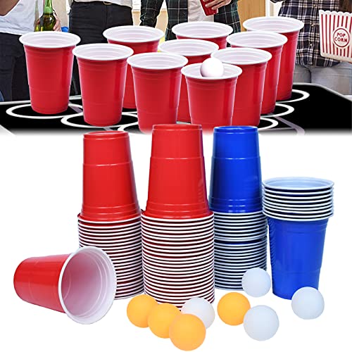 Aufun [100+10 ] Premium Beer Pong Becher, Beerpong Partybecher, 50 Red Cups + 50 Blue Cups+10 Tischtennisbälle, Wiederholbare Trinkbecher Camping Cocktail Bier Weihnachten Geburtstag Hochzeit von AufuN