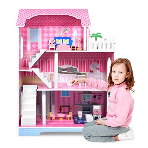 Aufun Puppenhaus aus Holz, Holzpuppenhaus MDF und Puppenstube mit 3 Etage inkl. Möbel, Zubehör, Puppenvilla, Dollhouse, Kinder, Puppenstube für langes kreatives Spiel, Groß, Ästhetisch (Tye B) von AufuN