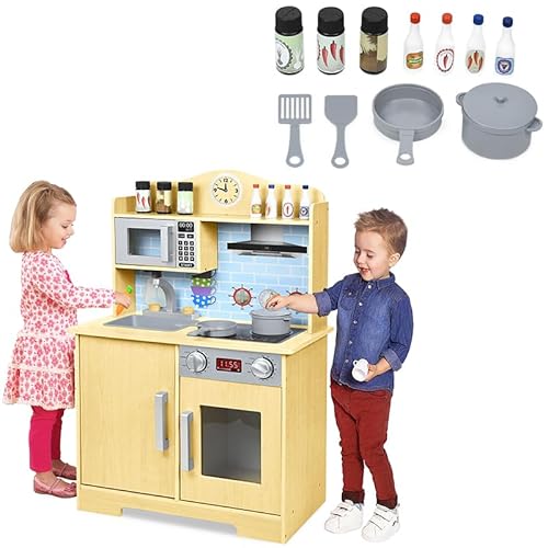 Aufun Spielzeugküche Holz, Holzküche mit Küchengeräten inkl. 14 Spielzeug Nahrungs- und Kochgeschirr Zubehör, Spielzeug für Kinder ab 3 Jahren, 59.5 x 29.5 x 92 cm von AufuN