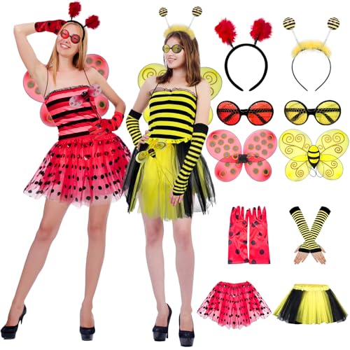 12-teiliges Halloween-Kostüm für Erwachsene, Bienen- und Marienkäfer-Kostüm, Zubehör-Set mit Antenne, Stirnband, Brille, Handschuhe, Netzrock, Flügel, Zauberstäbe für Insekten, Geburtstagspartys 12-teiliges Halloween-Kostüm für Erwachsene, Bienen- und Marienkäfer-Kostüm, Zubehör-Set mit Antenne, Stirnband, Brille, Handschuhe, Netzrock, Flügel, Zauberstäbe für Insekten, Geburtstagspartys von Augacage