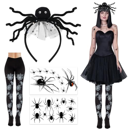 4 Teiliges Spinnenkostüm Accessoires Damen Karneval, Spinnen Haarreif Kopfschmuck Haarschmuck, Strumpfhose Spinnen, Gesichtstattoo Spinne, Spinnen Kostüm Zubehör für Karneval Fasching Cosplay 4 Teiliges Spinnenkostüm Accessoires Damen Karneval, Spinnen Haarreif Kopfschmuck Haarschmuck, Strumpfhose Spinnen, Gesichtstattoo Spinne, Spinnen Kostüm Zubehör für Karneval Fasching Cosplay von Augesak