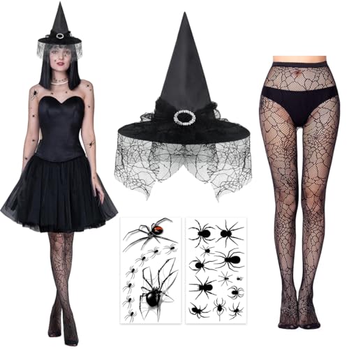 4 Teiliges Hexen Kostüm Accessoire, Hexenhut mit Spitzenbesatz, Strumpfhose Spinnennetz, Spinnen Tattoo Gesicht, Hexen Spinnen Kostüm Zubehör für Karneval Fasching Cosplay 4 Teiliges Hexen Kostüm Accessoire, Hexenhut mit Spitzenbesatz, Strumpfhose Spinnennetz, Spinnen Tattoo Gesicht, Hexen Spinnen Kostüm Zubehör für Karneval Fasching Cosplay von Augesak