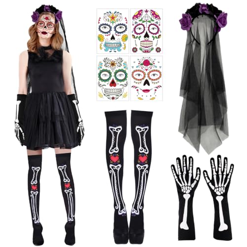 Tag der Toten Haarreif Schleier, Mexikanische Stirnband Kopfschmuck Rosen Totenkopf, Gesichtstattoo Skelett Strumpfhose Handschuhe, Dia De Los Muertos Kostüm Accessoires für Fasching Karneval von Augesak